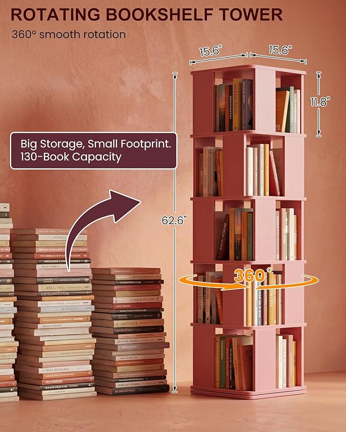 Foxemart 5-Tier Rotating Bookshelf Tower, 360° Spinning Modern Book Storage Bookcase, Stable Display Corner Book Shelf for Kids Room, Living Room, Bedroom, Home Office, Pink