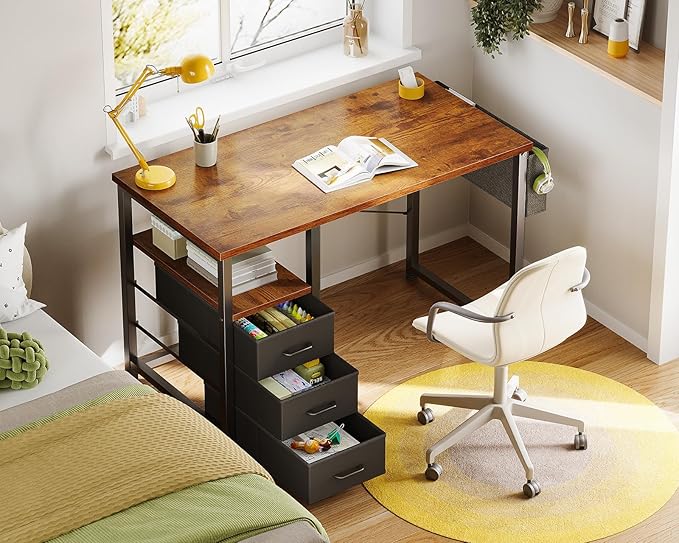 AODK 32 Inch Small Computer Desk with Fabric Drawers, Kids Study Desk for Bedroom, Home Office Desk with Storage Shelf & Bag for Small Space, Vintage