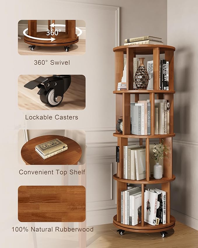 IUNVR Rotating Bookshelf, 4 Tier Solid Wood Bookshelf Tower with Lockable Wheels, 360° Spinning Revolving Bookcase for Small Spaces, Corners, Bedroom, Kids Room, Home Office, Walnut