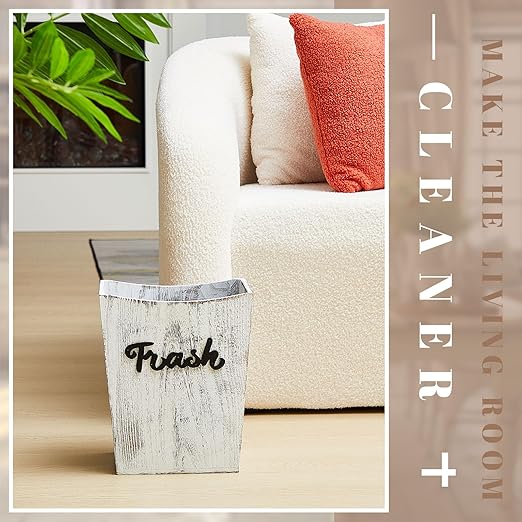 Maxcheck 2 Pcs Farmhouse Bathroom Wood Trash Can, 2 Sizes (3.35/2 Gallons) Rustic Square Wastebasket Bin with Convenient Handle for Bathroom, Kitchen, Bedroom, Office(White)