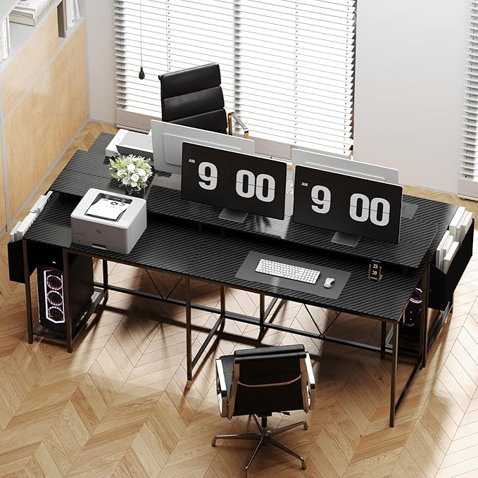 Eivanet L Shaped Gaming Desk with Power Outlets & LED Lights, 53 inch Corner Computer Desk with Monitor Stand and Storage Bag, Home Office Desk Table for Bedroom, Dual Workstation, Carbon Fiber Black