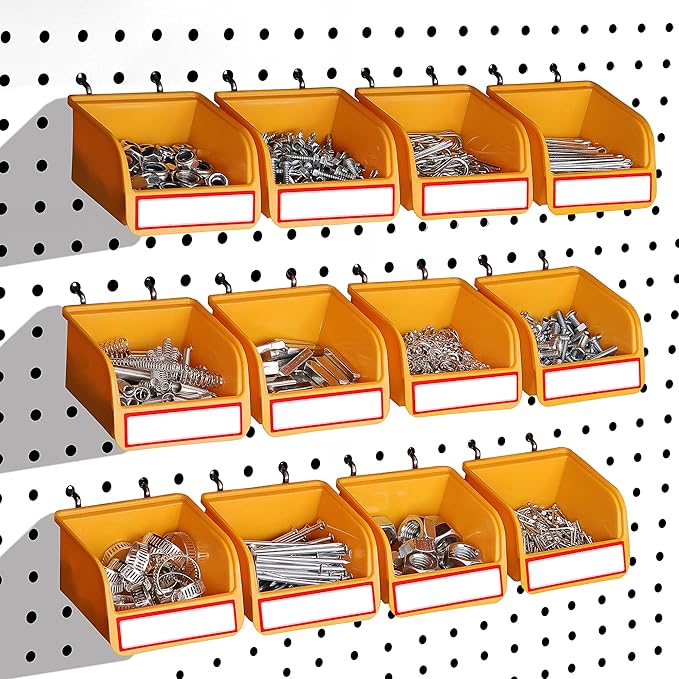 ELEAD Pegboard Bins Organizer Set 12-Pack - Durable Storage Tray for Screws, Nuts, Bolts, Hardware, Crafts, Accessories | Fits Standard Pegboards | 16 Labels for Garage Workshop Craft Room