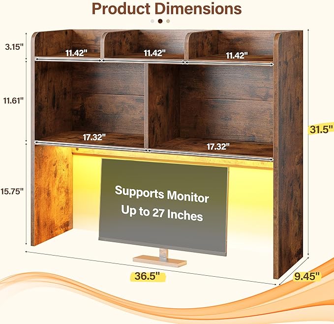REIBII Desk Hutch Dorm for Computer Monitor Up to 27", Dorm Desk Hutch Top Only with RGB Light Strip, Wooden Desktop Bookshelf with 6 Shelves, 3-Tier Desktop Shelf for Home Office Dorm, Rustic Brown