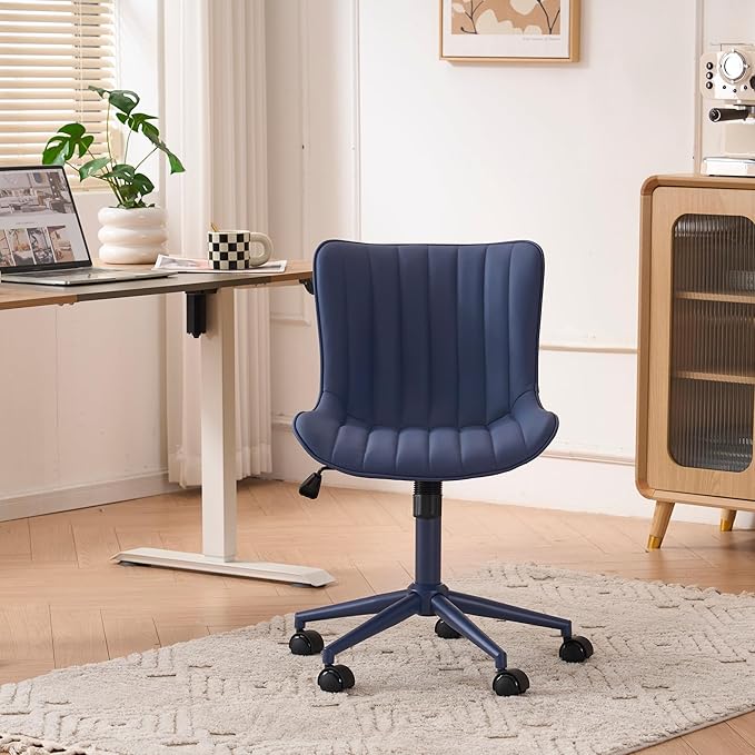 YOUNIKE Home Office Desk Chair with Wheels Armless Vanity Chair with Back Comfy Modern Leather Upholstered Rolling Task Chair Swivel Small Cute Sewing Chair No Arms Wide Adjustable Ergonomic Navy Blue
