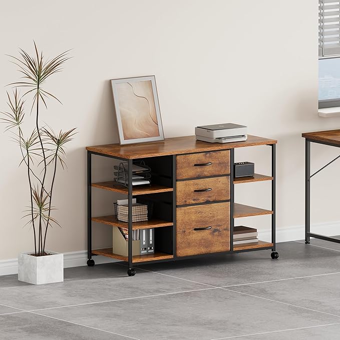 YeTom Mobile File Cabinet,Lateral Filing Cabinet with 3 Fabric Drawers,Rolling Printer Stand with 4 Open Storage Shelf for Home Office,Rustic Brown