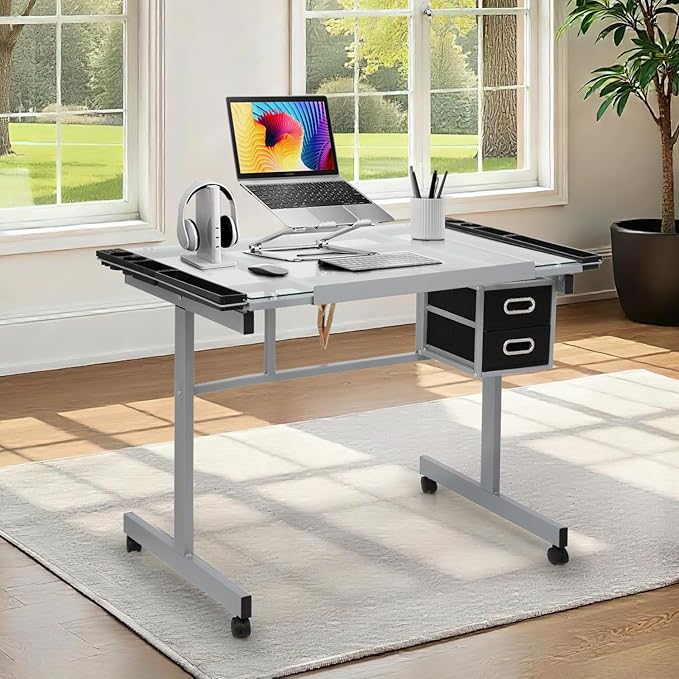 Drafting Table with Adjustable Tilt Angle Board, Drawing Table Tempered Glass Top, Art Desk with Metal Frame Craft Desk for Artist with Fabric Drawers, Rolling Casters and Trays