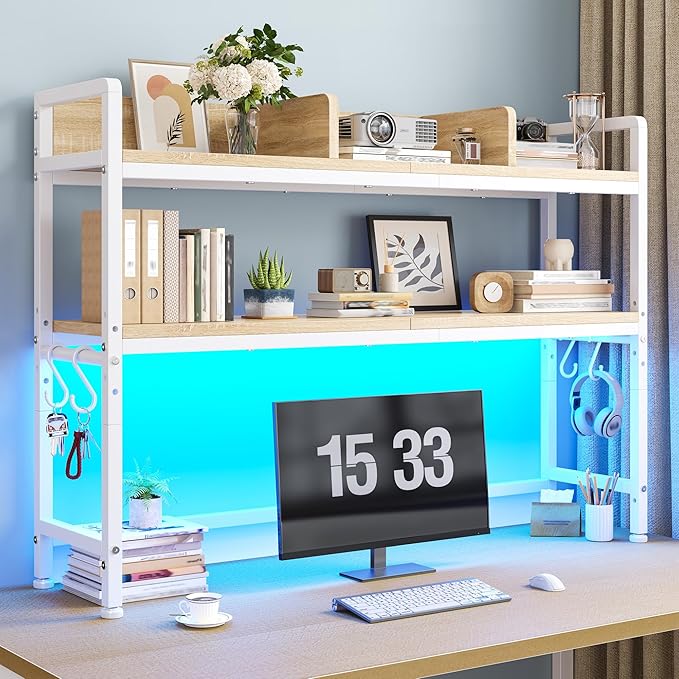 REIBII 45.2" Desk Shelf with LED Lights and Hooks,2-Tier Adjustable Multipurpose Solid Wood Desk Hutch Dorm,Desktop Organizer Rack with 3 Display Rack for Dorm,Office Home,White
