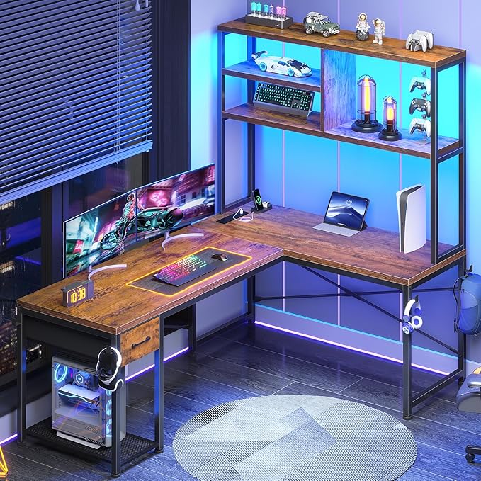 SEDETA L Shaped Gaming Desk, 51.2" Reversible Small Corner Desk with Drawer, Power Outlet & LED Lights, Computer Desk with Storage Shelves for Small Space, Rustic Brown