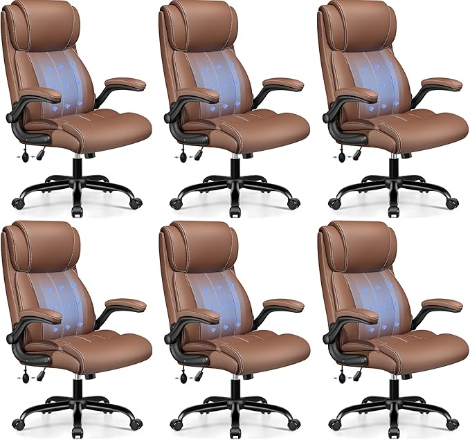 BESTFAIR Ergonomic Office Chair - Desk Computer Chair, Leather High Back Executive Chairs with Adjustable Lumbar Support & Flip Up Arms, Brown 6 Pack