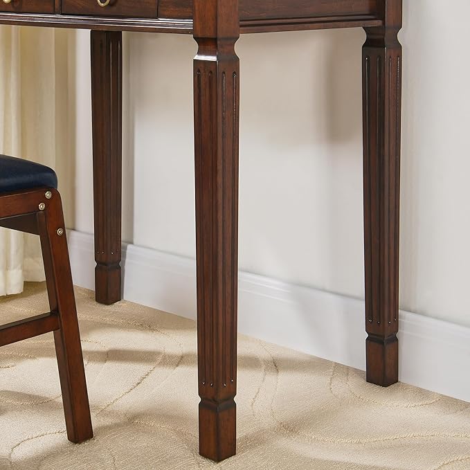 Biaco Small Wood Makeup Vanity Desk Set, Vintage Dressing Vanity Table Set with 2 Drawers & Matching Padded Bench Stool Writing Desk with Button Tufted Cushioned Stool, Cherry&Beige