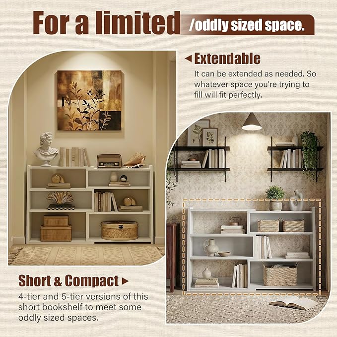 Armocity Expandable Bookshelf, Short Corner Bookshelf for Small Spaces, Small Ladder Book Shelf, Extendable Wood Narrow Bookcase for Living Room, Bedroom, 4 Tier,White