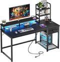 44 Inch Gaming Desk with Hutch and Drawers,Reversible Computer Desk with Monitor Shelf,Home Office Desks with USB Power Outlets and Storage,Pc Small Gaming Desk for Office with LED Lights,Black