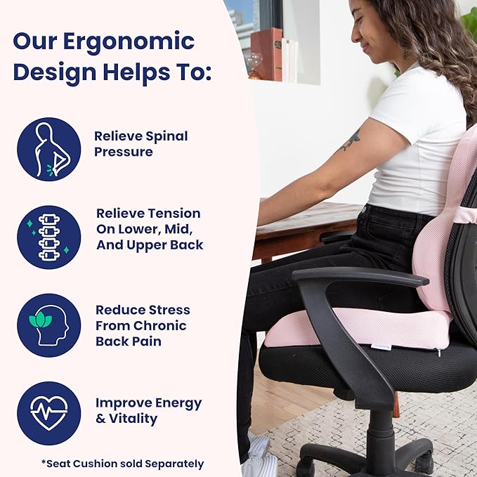 Coushy| Ergonomic Back Relief Cushion| Office Desk Accessories: Chair Cushions, Car Seat Cushion, Office Chair Cushion for Lumber Supporting Lumbar Support Pillow for Back Pain (Pink)