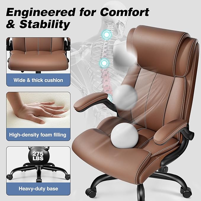 BESTFAIR Ergonomic Office Chair - Desk Computer Chair, Leather High Back Executive Chairs with Adjustable Lumbar Support & Flip Up Arms, Brown 6 Pack