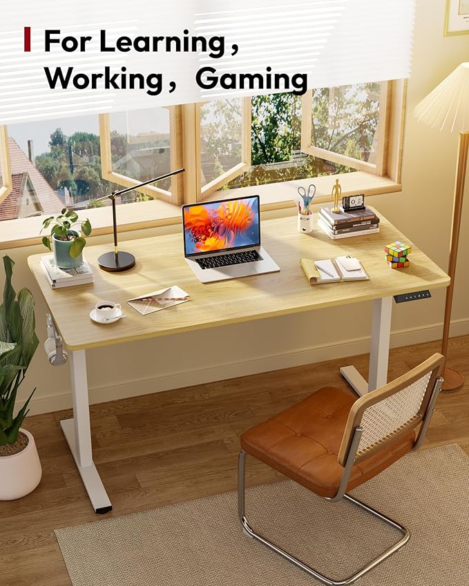 SANODESK Electric Standing Desk 48 x 30 Inches Whole-Piece Desktop Height Adjustable Stand Up Desk w/6-Button Controller Ergonomic Computer Desk for Home Office, White Frame + Natural Tabletop