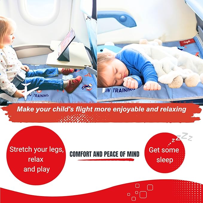 Cegali Kids Airplane Seat Extender - Enhance Your Child's In-Flight Comfort. Travel Toddler Bed, Leg Rest, Foot Hammock and Seat Extender, All in One (Little Pilot - Cool Grey)