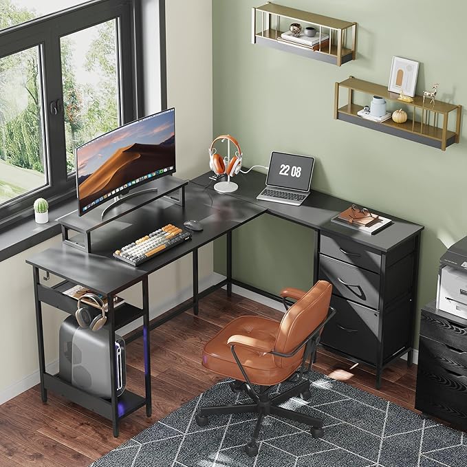 DEVAISE L Shaped Gaming Desk with Drawers and Storage, L Shaped Desk with LED Lights, Power Outlets, PC Desk with Monitor Stand, Corner Desk for Home Office (Black, 55 Inch)