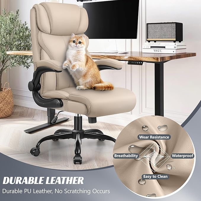 HeroSet Office Chair, Ergonomic Big and Tall Computer Desk Chairs, Executive Breathable Leather Chair with Adjustable High Back Flip-up Armrests, Lumbar Support Swivel PC Chairs with Rocking Function