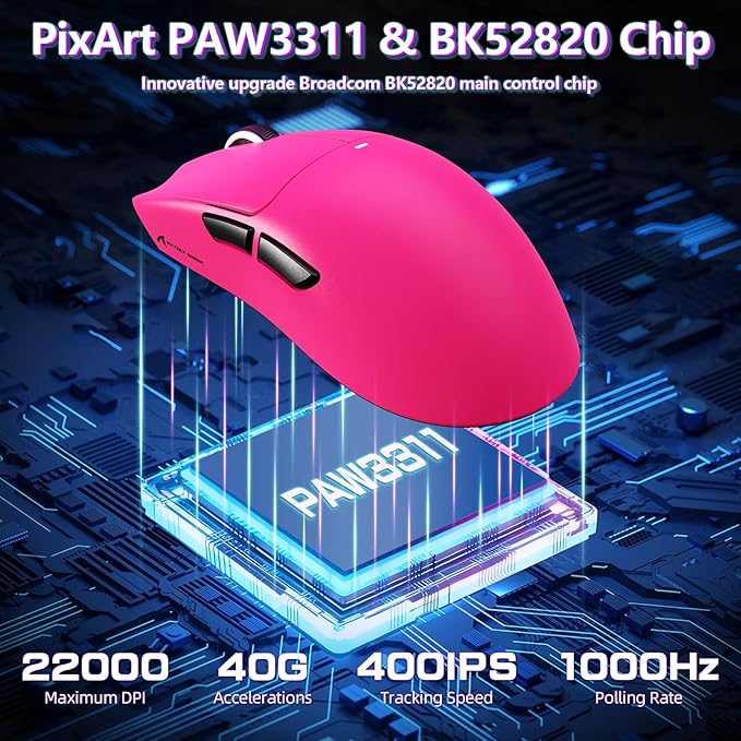 MAMBASNAKE Attack Shark X11SE Lightweight Wireless Gaming Mouse, Tri-Mode 2.4G/USB-C Wired/BT, 22K DPI, PAW3311 Optical Sensor, 59g, 5 Programmable Buttons, 300mAh Battery for PC/Mac((Berry Red)