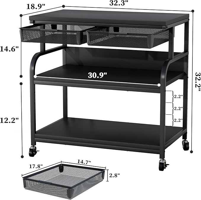 EasyCom 32.3"x18.9" Extra Large Printer Stand with Double Drawers, 5-Adjustable Heights 3 Tier Table with Wheels, Rolling Printer Cart with Storage for Printer Scanner Fax Home Office Use