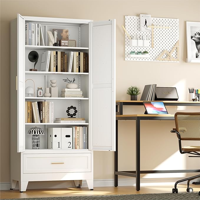 Washsemba 71 "Farmhouse Metal Filing Cabinet with a Drawer and 4 Adjustable Shelves, with 2 Large barn Door White Kitchen Cabinets, Metal Food Cabinets for Home, Kitchen, Dining/Living Room (White)