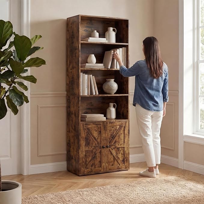 YESHOMY Farmhouse Bookshelf and Bookcase with Doors, Industrial Bookshelves and Bookcases Floor Standing Display 6-Tier Shelf Storage 71.5 inchs for Home Office, Living Room, Rustic Brown, 1 PCS