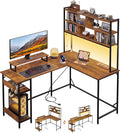 DEVAISE L Shaped Gaming Desk with Hutch, Reversible Computer Desk with LED Light, 3-Tier Shelves, 2 AC+2 USB Outlet and Monitor Stand, Corner Desk with Storage for Home Office (Rustic Brown, 60 Inch)