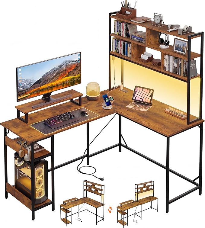 DEVAISE L Shaped Gaming Desk with Hutch, Reversible Computer Desk with LED Light, 3-Tier Shelves, 2 AC+2 USB Outlet and Monitor Stand, Corner Desk with Storage for Home Office (Rustic Brown, 60 Inch)
