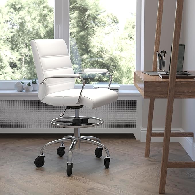 Flash Furniture Lexi Mid-Back Drafting Chair with Adjustable Foot Ring - White LeatherSoft Upholstery - Chrome Base - Roller Wheels