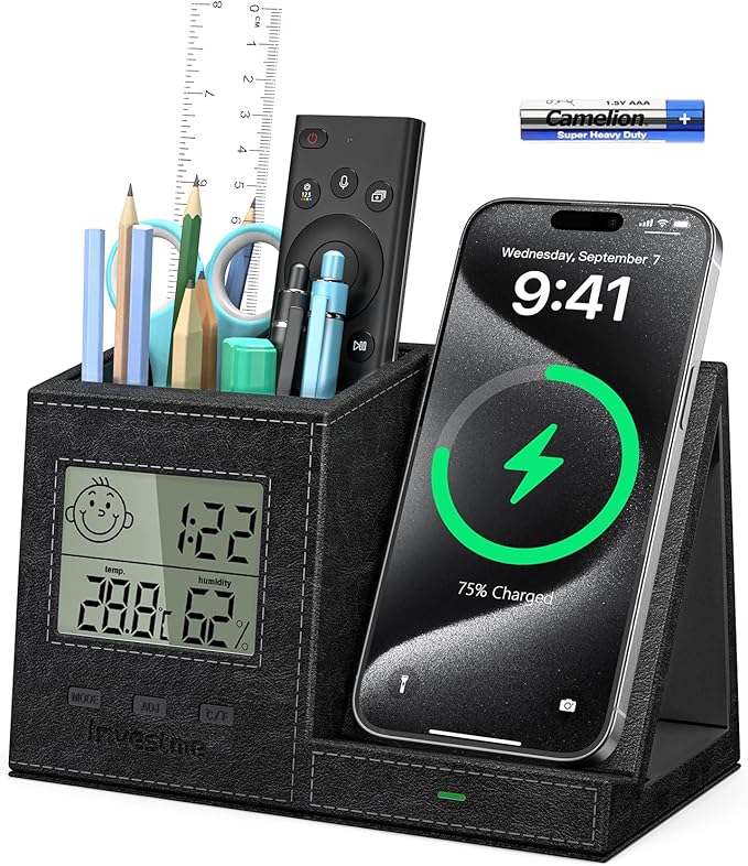 Pen Holder with Desk Organizer, Pencil Holder for Desk, Built in Digital Indoor Thermometer and Humidity Monitor, Multi-Functional Pencil Organizer for Home Office Supplies, Vegan Leather, Black