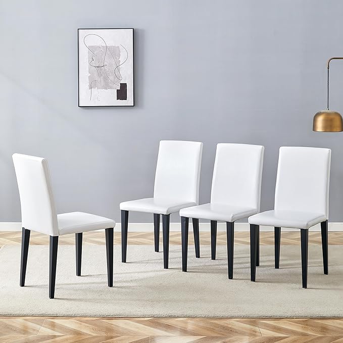 Set of 4 Dining Chairs 35.4 Inch High Modern PU Leather Chairs with Black Metal Legs Ergonomic Backrest & Sponge Seat Perfect for Dining Room Kitchen Home Office & Living Space
