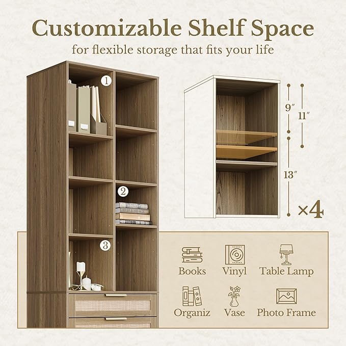 Home Office Furniture Set, 48'' Standing Desk with 73'' Bookshelf, Electric Height Adjustable Desk with 2 File Cabinet, Bookcase with Doors, Rattan Office Furniture Sets, Natural Oak