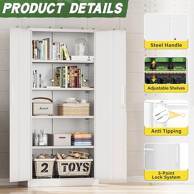 Greenvelly Metal Storage Cabinet with 2 Doors and 4 Adjustable Shelves, 72" White Metal Cabinet with Locking Feature and 2 Keys for Office, Home, Garage, Gym, School