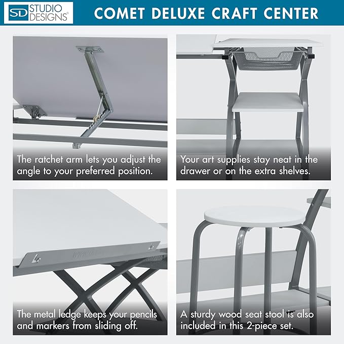 Deluxe Comet Craft Station with Stool, Adjustable Drafting & Art Desk with Storage Shelves, Pencil Ledge, Wire Mesh Drawer, 45° Tilting Top, Steel Frame, Silver/White