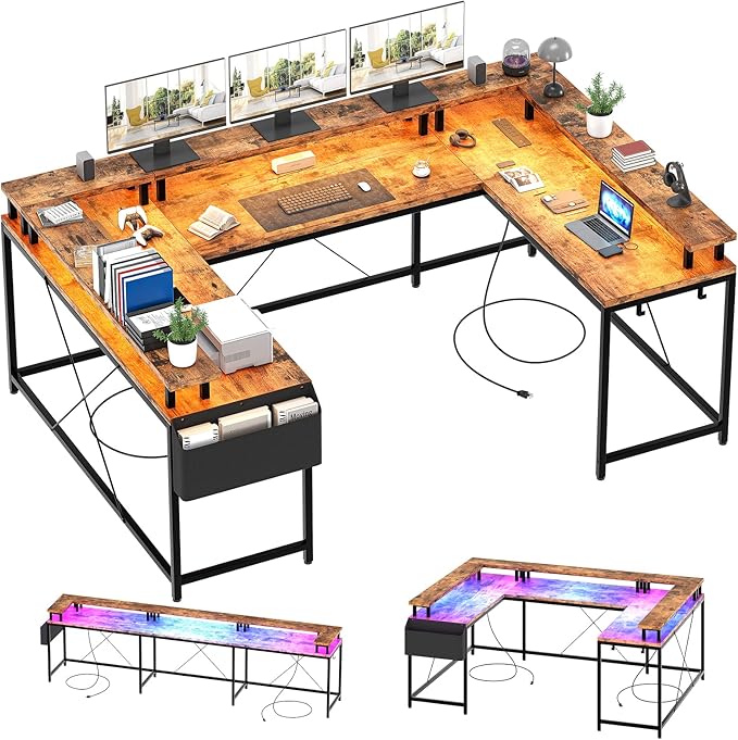 Jojoka U-Shaped Computer Desk with Power Outlets & RGB LED Lights - Reversible l-Shaped Office Desk, Full Monitor Stand, Modern Home Office Workstation, 600lbs Capacity 79",Game Desk, Multiple Colors