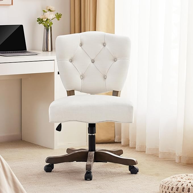 HUIMO Upholstered Swivel Desk Chair Chenille Tufted Fabric Home Office Chair with Wheels Adjustable Height Classic Task Chair with Wooden Legs Comfortable Armless Chair for Studio Study (Beige)