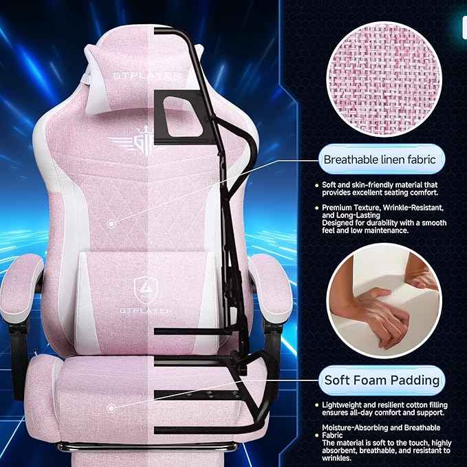 GTPLAYER Gaming Chair, Video Game Chairs with Footrest and Lumbar Support, Computer Chair for Adults with Extended Backrest, Ergonomic Reclining Silla Gamer, Linen Fabric, Pink