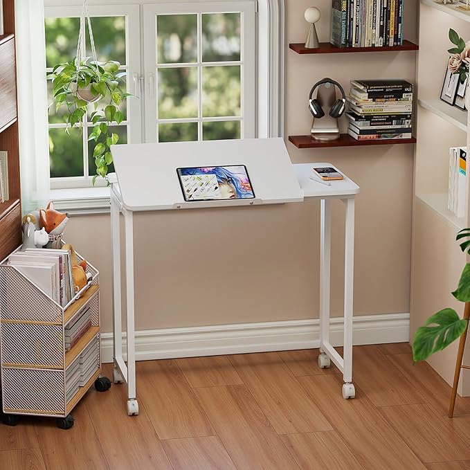 GreenForest Folding Desk with Wheels, 31.5 Inch Adjustable Tilt Drafting Table, Portable Rolling Foldable Desk for Small Space, Home Office, Drawing & Craft Workstation, White