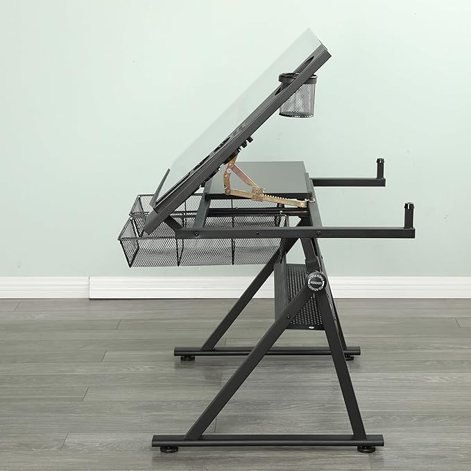 Adjustable Drawing Table for Artists | Drafting Desk with Tilted Glass Top | Art & Craft Table for Adults (Black, Classic Pro-27.16''- 35.82'' H)