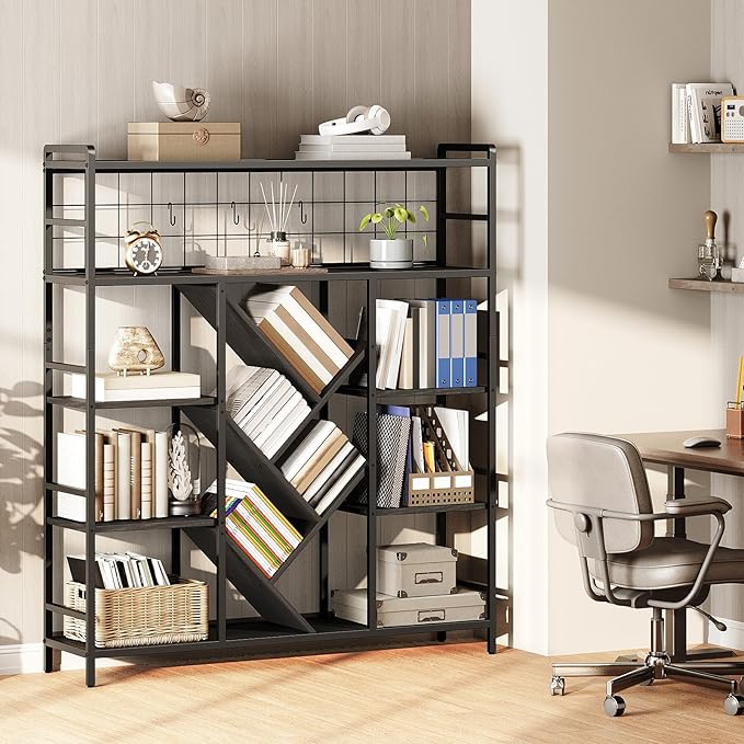 RALGEND Triple 5-Tier Bookshelf, Industrial Large Wide Bookcase with 14 Open Display Shelves, Modern Tree Bookcase Metal Frame Bookshelf with Hanging Function for Living Room Home Office, Black