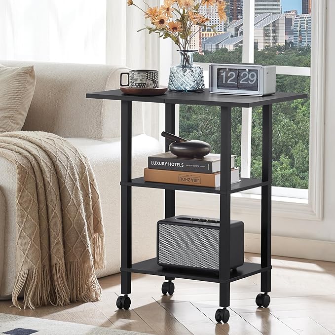 YUFAM Black 3 Tier Home Printer Stand with Storage, Wooden Mobile Printer Table Shelf, Rolling Printer Cart Shelf with Lockable Wheels fit Fax Machine, Scanner