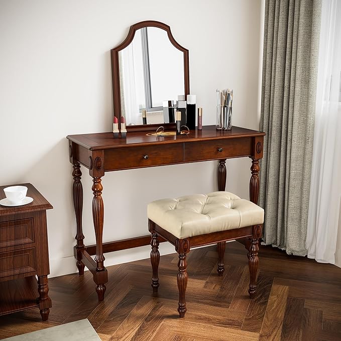 Vintage Wooden Writing Desk Stool Set, Small Secretary Desk and Cushioned Stool Set with 2 Drawers, 39.4" W Wood Writing Table Vanity Makeup Table Sets for Home Office-Cheery&Beige