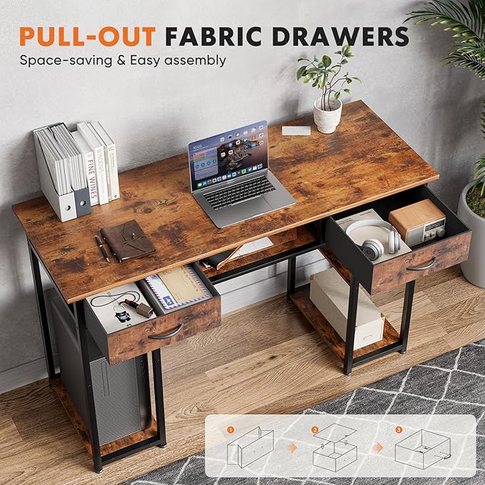 Sweetcrispy Desk with Fabric Drawers, Computer Office 48 Inch Gaming Writing Study 4 Storage Shelves Table for Home Office Bedroom PC Desk, Pure Brown