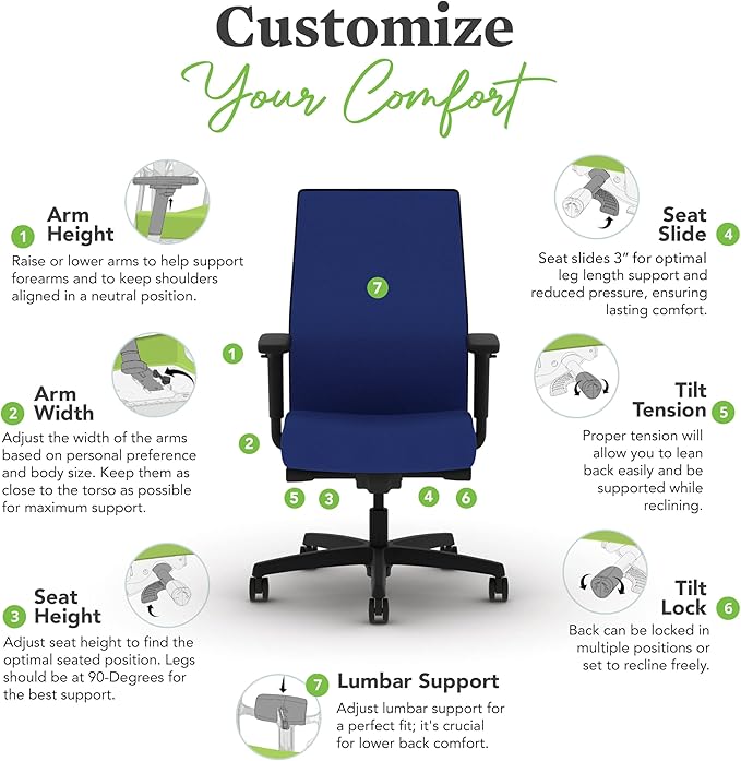 HON Ignition 2.0 Mid Back Task Chair, Spectrum Mesh, Advanced Synchro-Tilt Control, Office Chair with Lumbar Support, Height and Width Adjustable Arms, Black Frame, Cobalt