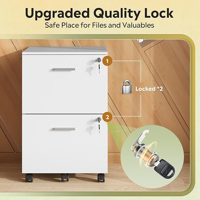 DEVAISE 2 Drawer File Cabinet, Mobile Printer Stand, Wood Filing-Cabinet fits A4 or Letter Size for Home Office, White