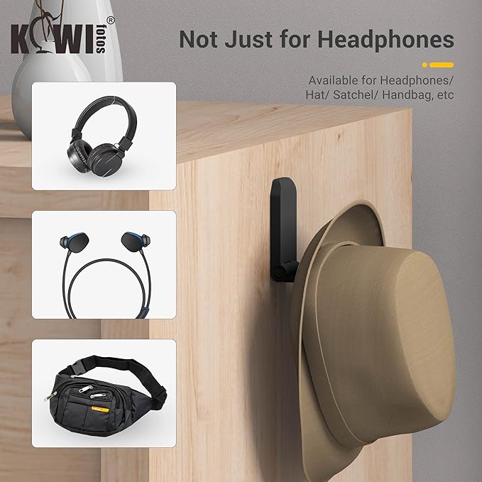 KIWIFOTOS Adhesive Desk Headphone Hanger, Foldable PC Gaming Headset Holder Stand, Adhesive Holder Mount for Wall, Headphones Hook Mount Under Desk - Black