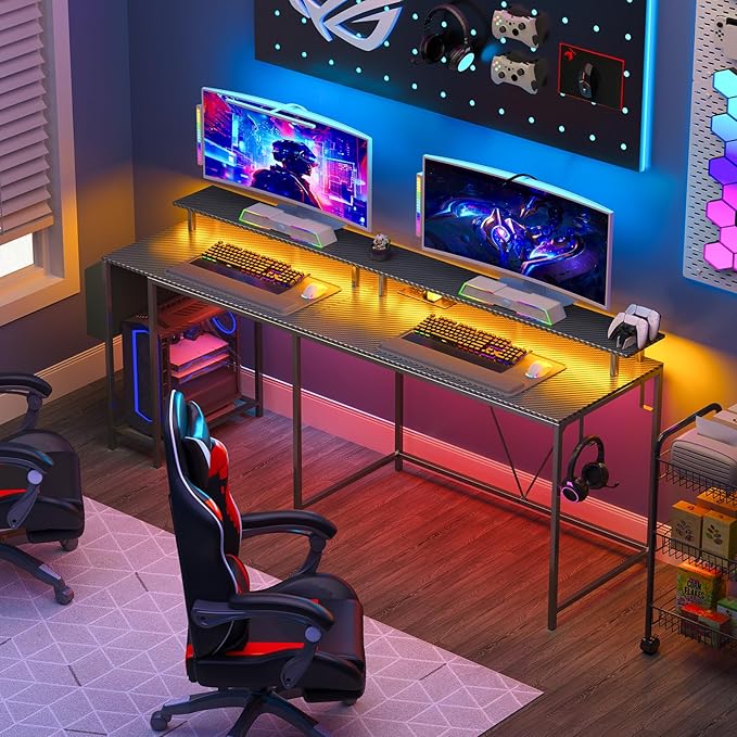 Eivanet L Shaped Gaming Desk with Power Outlets & LED Lights, 53 inch Corner Computer Desk with Monitor Stand and Storage Bag, Home Office Desk Table for Bedroom, Dual Workstation, Carbon Fiber Black