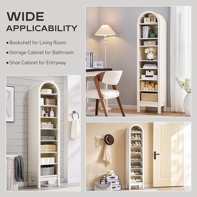 IFGET 71" Tall Arched Bookshelf, 8 Tiers Arch Bookcase with Storage, Modern Farmhouse Book Shelf with Adjustable Shelves, Wood Bookshelf w/Open Display Shelves for Living Room, Office (Antique White)