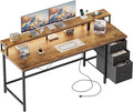 Mericonia Computer Desk 63 inch with Power Outlets & LED Lights, Gaming Desk with 3 Drawers for Home Office, Small Desk with Monitor Stand for Small Spaces, Study Writing Desk