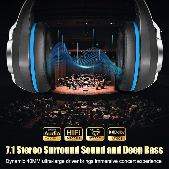 2.4GHz Wireless Gaming Headsets for PS5/PS4/PC/Switch/Xbox, RGB Noise Cancelling Over-Ear Headphones with 7.1 Surround Sound, 40mm Drivers, 276g Ultraligero, Memory Foam, 45H Gaming Headphones Black